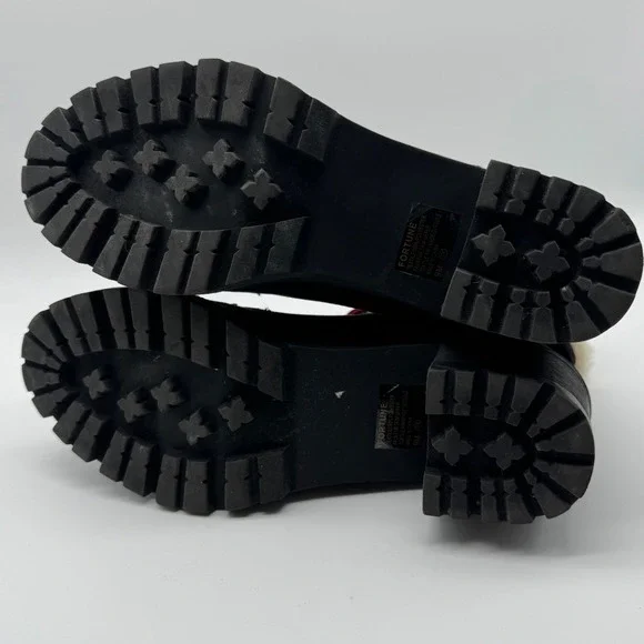 Jellypop Black Heeled Ankle Boots Red Plaid Laces Faux Fur Trim Lug Sole Size 9M - Picture 12 of 13